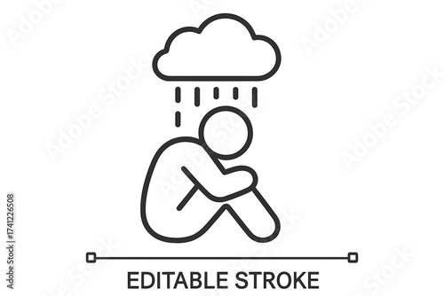 Depression and sadness icon. Metaphor for emotional pain, loneliness, and mental health struggles. Person sitting under a rain cloud. Vector line illustration of grief and despair.