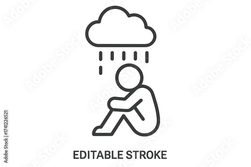 Depression and sadness line icon. Mental health struggle concept. Person sitting under a rain cloud. Metaphor for emotional pain, loneliness, grief, sorrow, despair, anxiety.