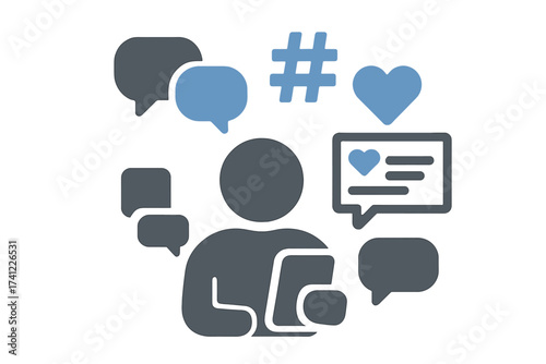 Social media marketing and user engagement icon. Digital interaction concept with person on mobile device, likes, comments, posts, chats, and hashtags. Vector illustration.