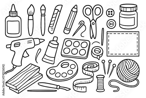 DIY crafts line art tools & supplies for creative projects. Handmade hobby icons for sewing, painting, scrapbooking. Vector doodle cartoon illustration of art equipment collection.