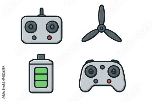 Drone accessory icons set with remote, propeller, battery, and controller. Vector cartoon illustration for UAV quadcopter parts, flight technology, and modern hobby equipment.