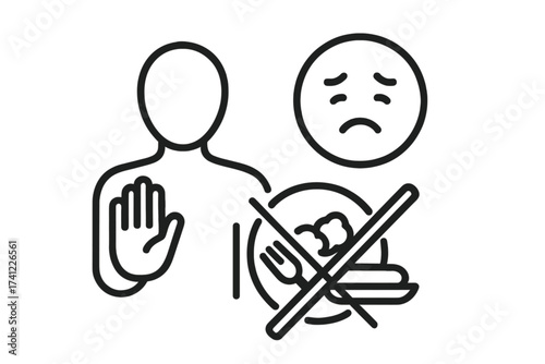 Eating disorder, anorexia icon. Food refusal, appetite loss. Disordered eating behavior concept. Unhealthy diet, weight loss. Mental health, psychology problem. Line vector.