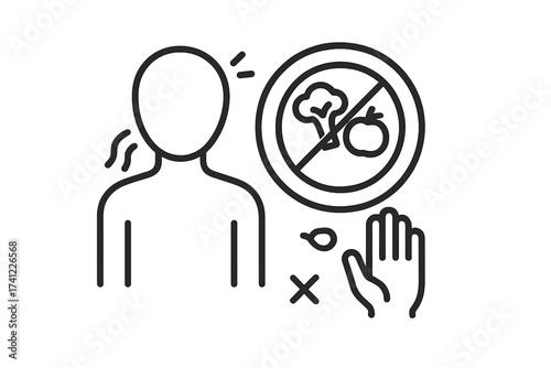 Eating disorder line icon. Food refusal, appetite loss concept. Anorexia or bulimia metaphor. Mental health problem. Unhealthy diet, nutrition and weight loss psychology sign.