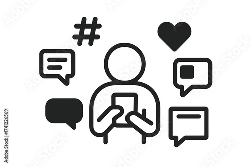Social media engagement icon with user holding a mobile phone. Digital interaction concept showing likes, comments, hashtags, and posts. Vector for online marketing and communication.