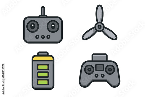 Drone accessory icon set with remote, propeller, battery, controller. Vector cartoon illustration of quadcopter equipment and parts. UAV flight gear collection for aerial photography.
