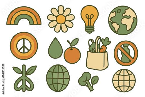 Eco vintage groovy sticker set. Retro 70s hippie icons for Earth Day. Go green, save the planet, zero waste. Collection of rainbow, peace sign, globe, no plastic symbols.