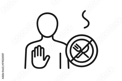 Eating disorder icon showing food refusal and appetite loss. Vector concept for anorexia, diet, fasting, or hunger strike. No food sign. Unhealthy eating behavior symbol.