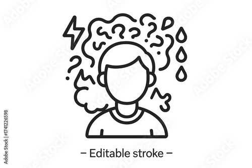 Mental breakdown, anxiety and confusion icon. Person with chaotic thoughts. Concept of stress, depression, burnout, headache, and psychological distress. Psychology vector.