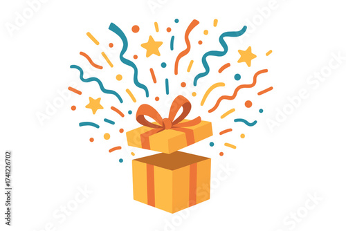 Gift box exploding with confetti. Surprise package for a giveaway or contest. Enter to win a prize. Rewards banner vector illustration for promotions and celebrations.