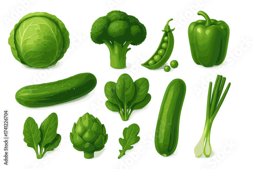 Realistic 3d green vegetable icon set. Vector collection with cabbage, broccoli, pea, pepper, cucumber, zucchini, spinach, artichoke. Healthy vegan food for diet menu.