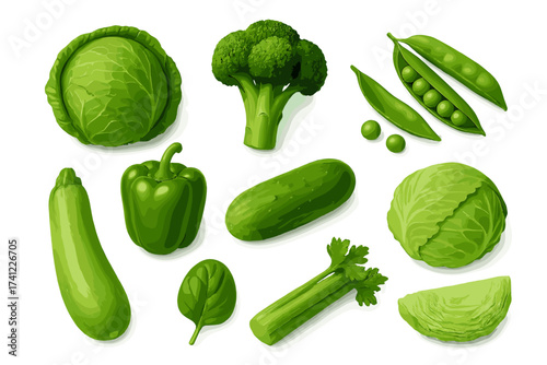 Green vegetables realistic 3D icon set. Cabbage, broccoli, peas, pepper, cucumber, zucchini, celery, spinach. Healthy food concept for vegetarian diet, fresh organic produce.