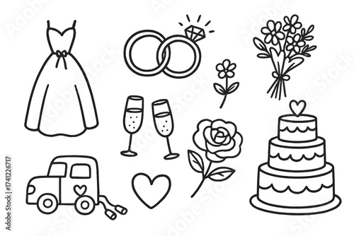 Hand-drawn wedding doodle set with marriage icons. Vector line art illustration of dress, rings, cake, flowers for invitation design. Cute love, celebration, bridal elements.