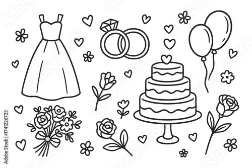 Hand-drawn wedding doodle icon set with dress, rings, cake, flowers, bouquet, and hearts. Vector line art illustration for celebration, invitation, and card design.