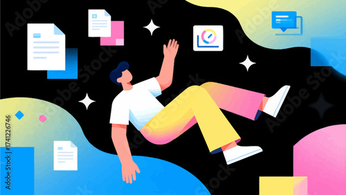 Person floating among digital icons and shapes