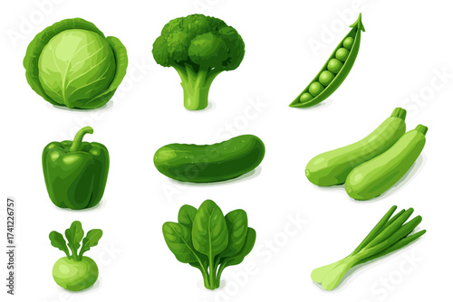 Green vegetables realistic 3D icon set. Vector collection of cabbage, broccoli, peas, pepper, cucumber, zucchini. Healthy organic food for vegetarian menu design elements.
