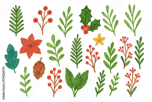Christmas botanical elements set. Hand drawn vector collection of winter plants, leaves, poinsettia, holly, berries, and pinecone. Festive holiday illustration for seasonal designs.