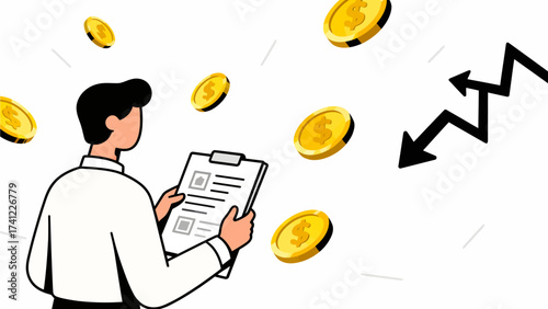 Man holding clipboard with coins and arrow