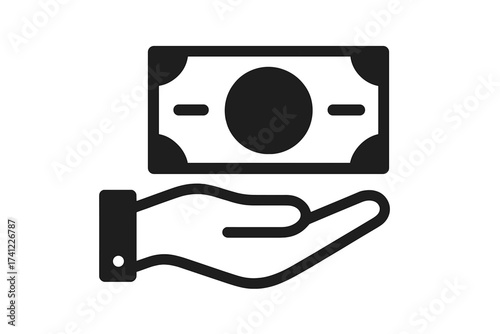 Hand holding money vector icon. Finance, payment, cash transaction concept. Banking graphic element. Represents salary, wage, income, savings, donation, and investment.