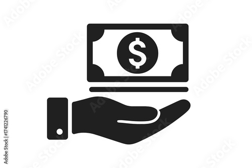 Hand holding money vector icon. Finance, payment, cash transaction. Banking graphic element for salary, wage, income, savings, investment, credit, profit, or donation.