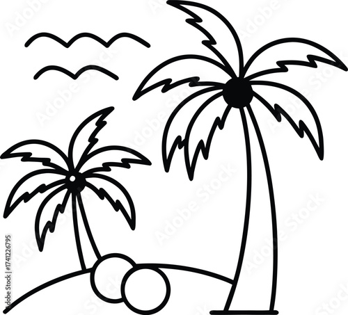Stylized line art of two palm trees on a beach with wavy lines representing the sea and birds in the sky, isolated on white background