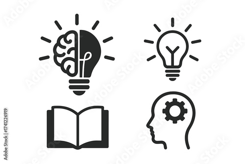 Set of icons for creativity, knowledge and ideas. Lightbulb with brain, book, head with gear. Vector graphic for innovation, education, solution, brainstorming and strategy.