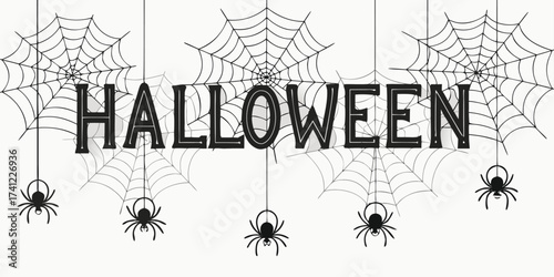 Black and White Halloween Banner featuring Vintage Typography decorated with Spooky Hanging Spiders and Spiderwebs