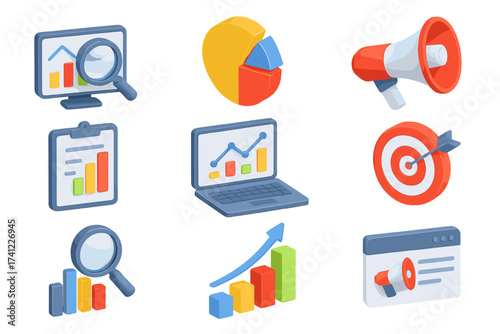 3D isometric marketing research icon set. Data analysis, advertising, and business strategy symbols. Includes charts, graphs, target, megaphone for digital marketing concepts.