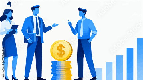 Business team discussing finance with coin stack and chart