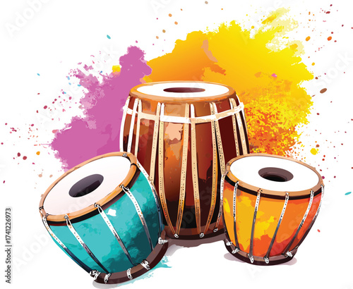 Three colorful tabla drums with abstract paint splashes