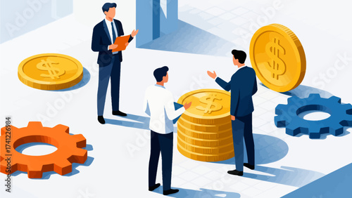 Business people discussing finance with coins and gears