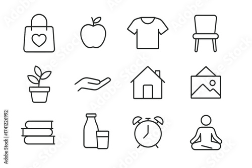 Minimalist lifestyle line icon set. Simple living, sustainable and decluttered life symbols. Icons for wellbeing, mindfulness, healthy food, home, and conscious consumption.