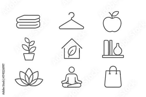 Minimalist lifestyle icon set. Simple living, sustainable, decluttered life. Vector thin line icons for wellbeing, mental health, slow living, eco friendly home and yoga.
