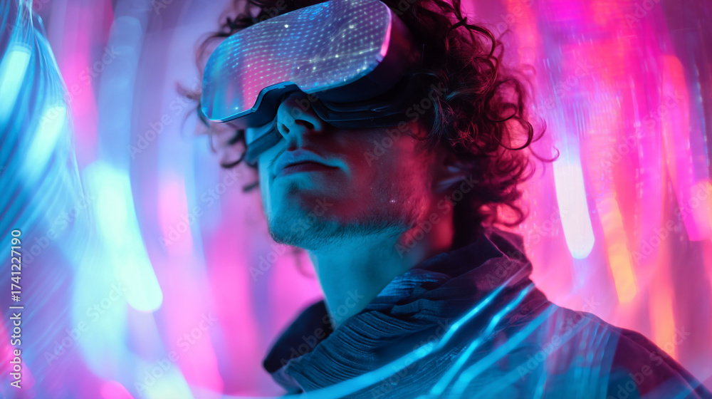 Obraz premium A person wearing vr headset immersed in a colorful virtual reality environment with neon lights around