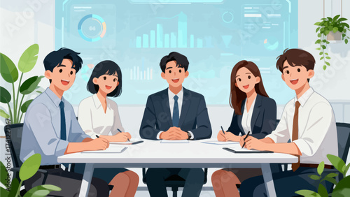 Business team in meeting at table with data display