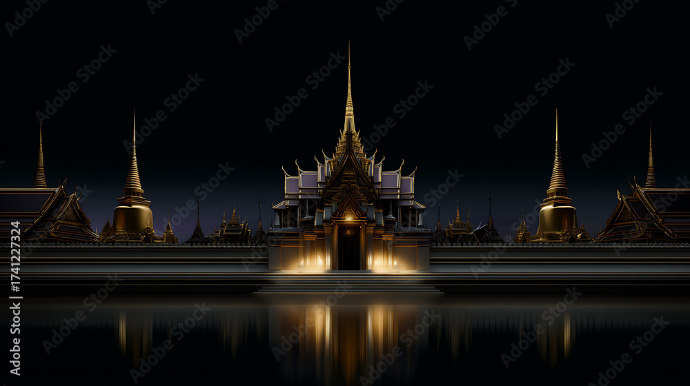 Naklejka premium Elegant Temple Facade with Ornate Golden Architecture Reflected in Still Water at Night