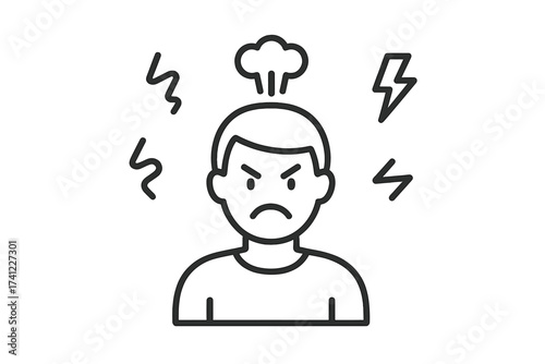Angry person icon with tense emotion symbols. Concept of rage, irritability, emotional outburst, stress and frustration. Psychology, mental health problem, aggression.