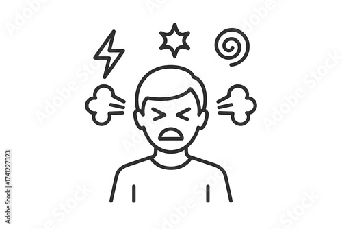 Vector icon of anger, rage, emotional outburst. Person with tense and furious face. Concept of stress, frustration, irritability, aggression, annoyance and burnout.