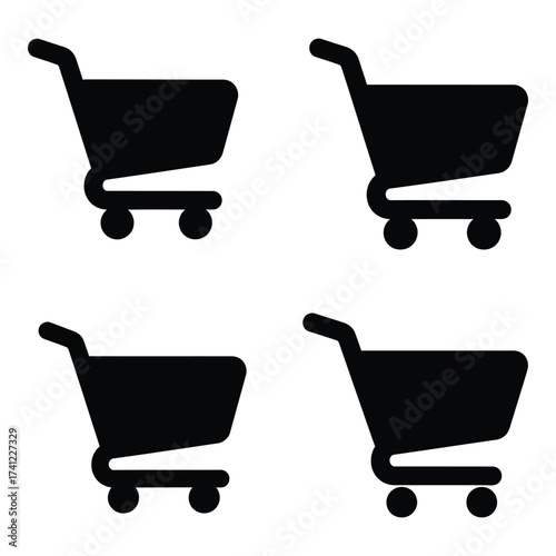 Set of four black shopping cart icons for online retail and e-commerce applications silhouette