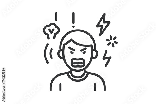 Anger issues icon. Emotional outburst, rage, irritability. Man shouting. Mental health problem. Tense person, stress, frustration, aggression. Psychology crisis concept.