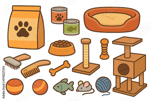 Pet shop icon set with cat and dog care accessories. Flat cartoon vector collection of domestic animal items. Includes food, toys, pet bed, grooming brush, cat tree, and bowl.