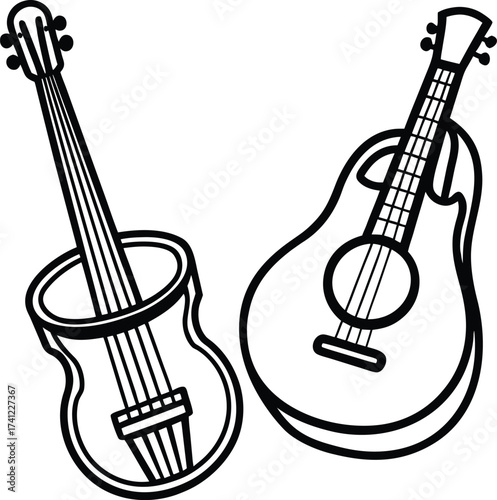 Two black and white guitars with white background acoustic guitar