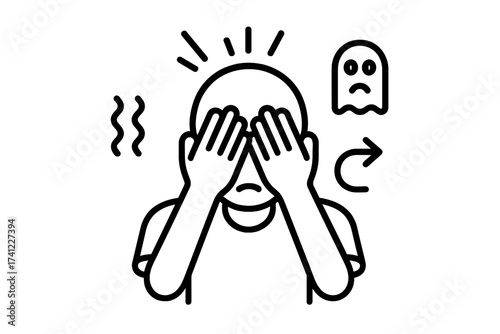 Phobia panic attack icon. Intense fear, anxiety disorder, internal tension concept. Person shaking, hiding, covering face. Mental health, stress, depression, horror, trauma symbol.