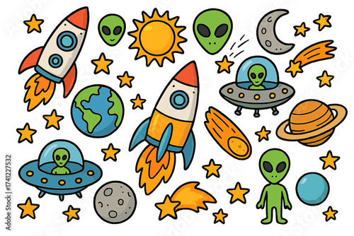 Space doodle set with cute aliens, rockets, planets, and stars. Cartoon vector illustration collection for kids. Galaxy and cosmos elements, UFO, spaceship, celestial objects.