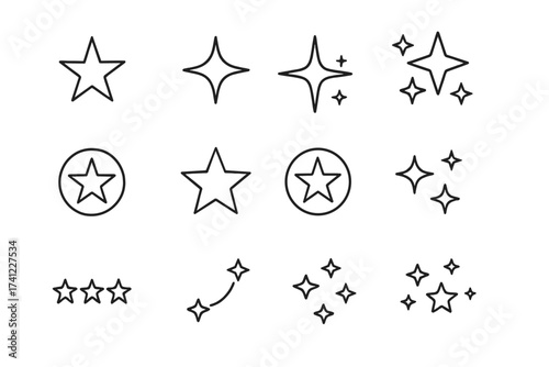 Star icon set. Thin line vector graphic elements for rating, sparkle, celebration, decoration. Editable stroke UI symbols and signs for favorite, quality, and feedback concepts.