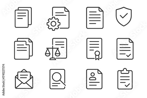 Document line icon set. Legal paper, contract, files management, resume, certificate. Thin vector icons. Data protection, page search, approved checklist, cv, clipboard symbols.