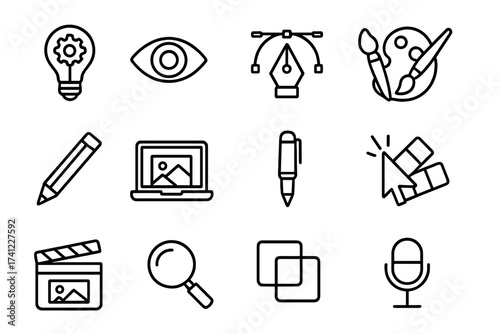 Art and media creation line icon set. Graphic design tools for website, mobile. Icons for innovation, vision, vector pen, paint palette, digital art, color swatch, video, audio.