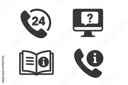 Customer support icon set. Web assistance, 24h service, help desk. Online chat, information hotline, user manual signs. Technical support vector graphic collection.
