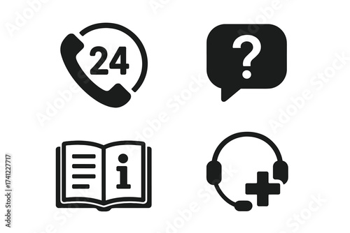 Customer service icons. Web support pictograms in flat style. 24h assistance, help chat, handbook, information sign. Guide and manual, emergency service, hotline, technical support.