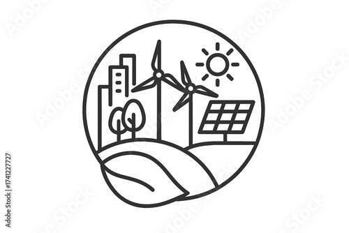 Renewable energy line icon. Sustainable city with wind turbines, solar panel. Eco friendly green power concept. Urban ecology, environment conservation vector illustration.