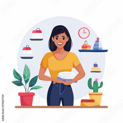 Woman holding dishes in a tidy kitchen setting